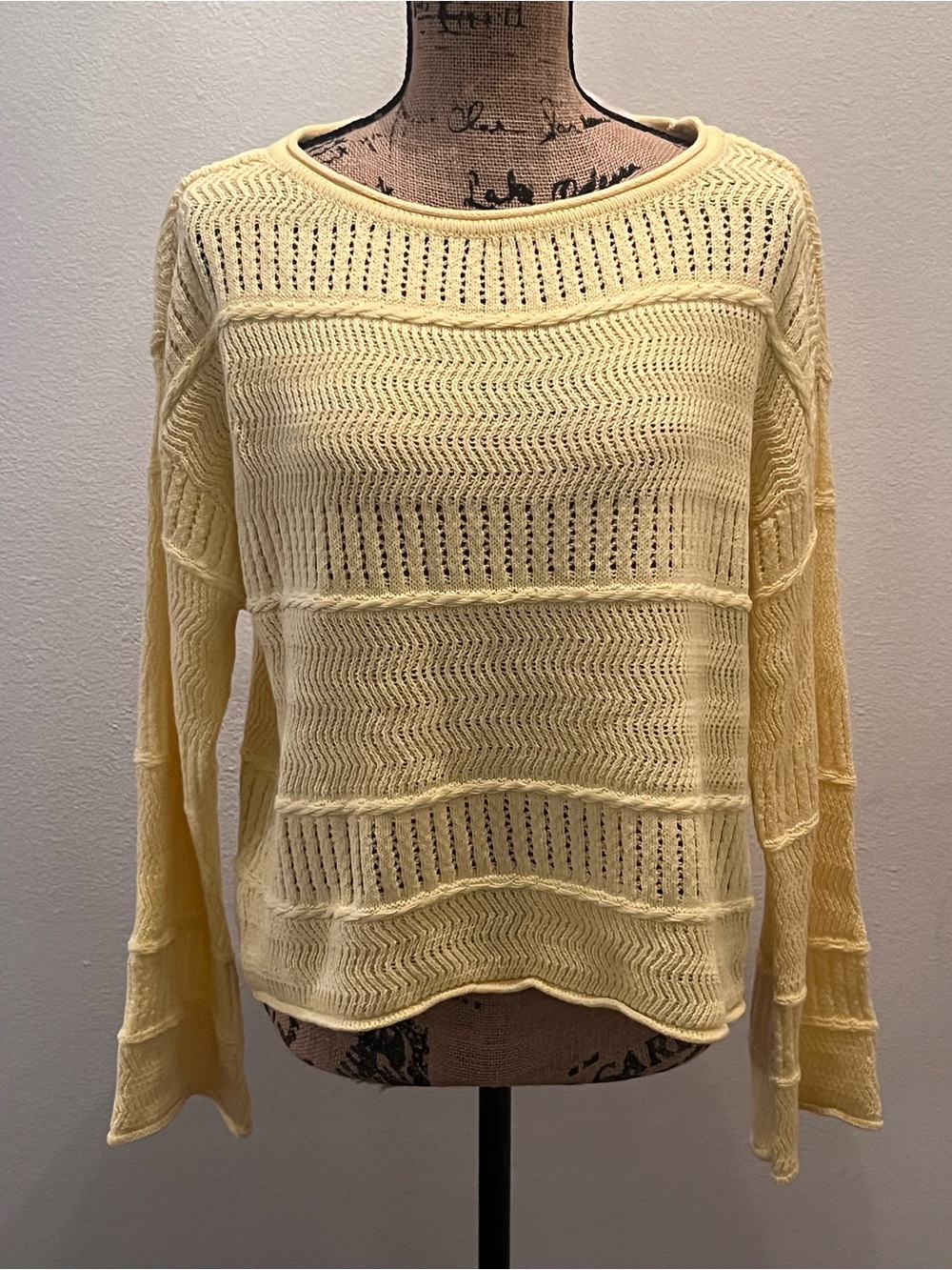 No Boundaries Light Yellow Openwork Knit Scoop Neck Sweater